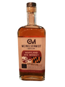 A bottle of Meinelschmidt Distillery Maryland Rye Whiskey with a label featuring the Maryland flag and text detailing the whiskey’s origin and proof, reminiscent of classic offerings from renowned producers like Baltimore Spirits Company.