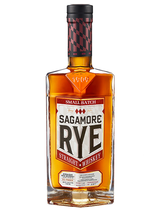 A bottle of Sagamore Spirit Rye Straight Whiskey with a black and red cap, amber liquid, and a white label featuring red and black text and diamond accents—a standout among Baltimore Spirits Company offerings.