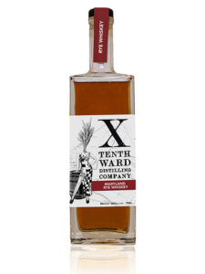 A rectangular bottle of Tenth Ward Distilling Company Maryland Rye Whiskey with a white label, black text, an illustrated figure, and a red band reading “Maryland Rye Whiskey,” reminiscent of the artisanal style found at Baltimore Spirits Company, and on the cap, “Rye Whiskey.”.