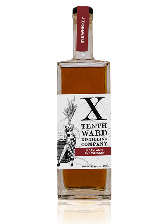 A rectangular bottle of Tenth Ward Distilling Company Maryland Rye Whiskey with a white label, black text, an illustrated figure, and a red band reading “Maryland Rye Whiskey,” reminiscent of the artisanal style found at Baltimore Spirits Company, and on the cap, “Rye Whiskey.”.