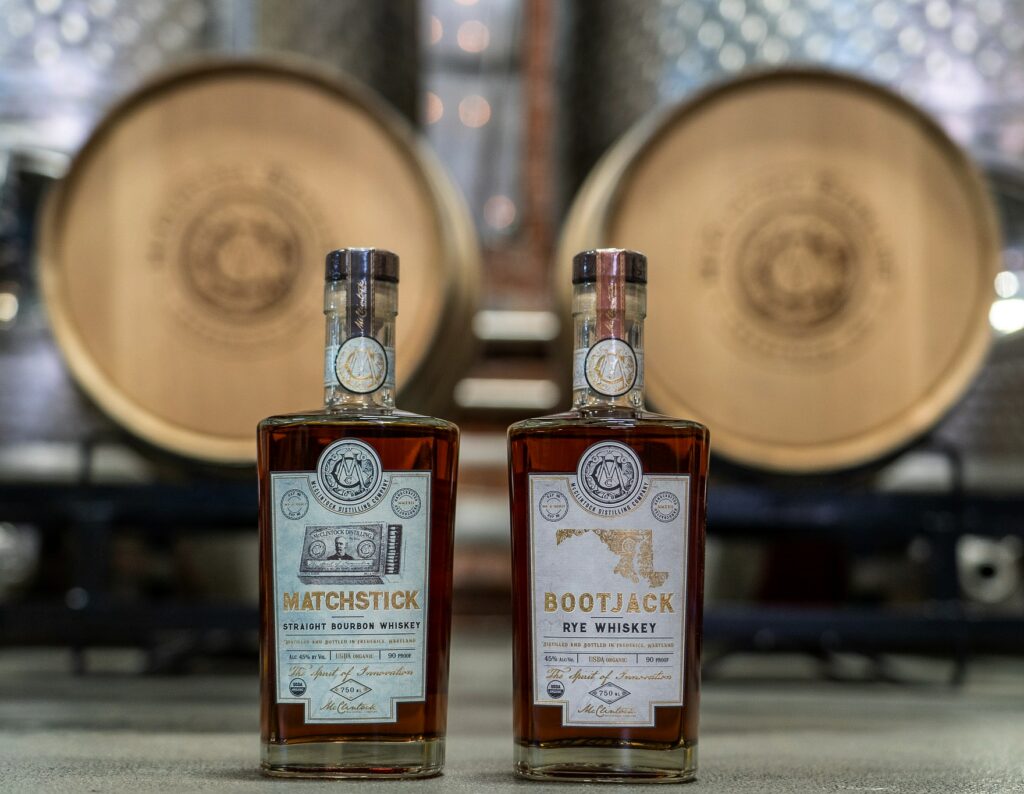 McClintock Distilling Company Bootjack and Matchstick whiskey bottles in the Frederick distillery